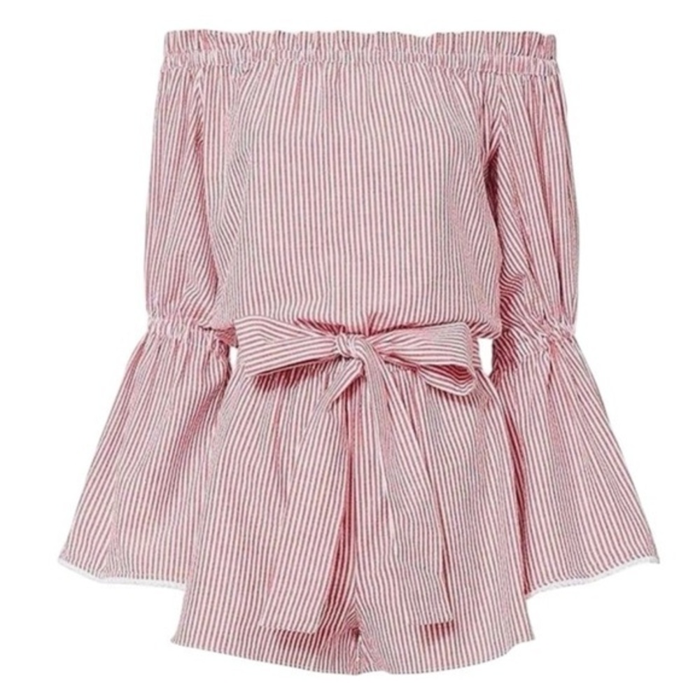Alexis Carolina Seer Sucker Off The Shoulder Striped Romper in Red & White